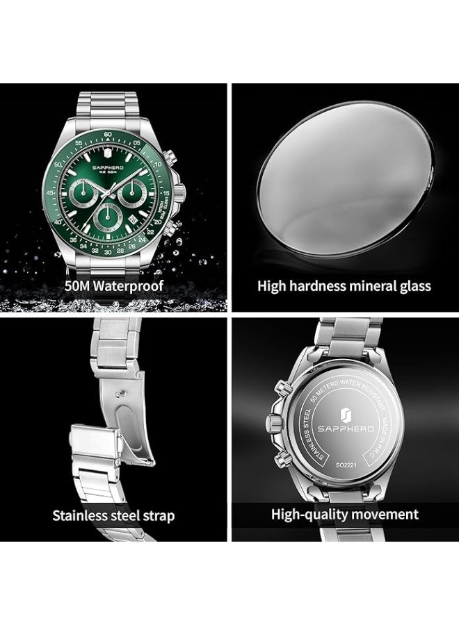 SAPPHERO Men's Stainless Steel Chronograph Watch, 50m Water Resistant, Analog Quartz Movement with Date Display, Classic and Elegant Luxury Watch, Refined Gift for Men - Image 5